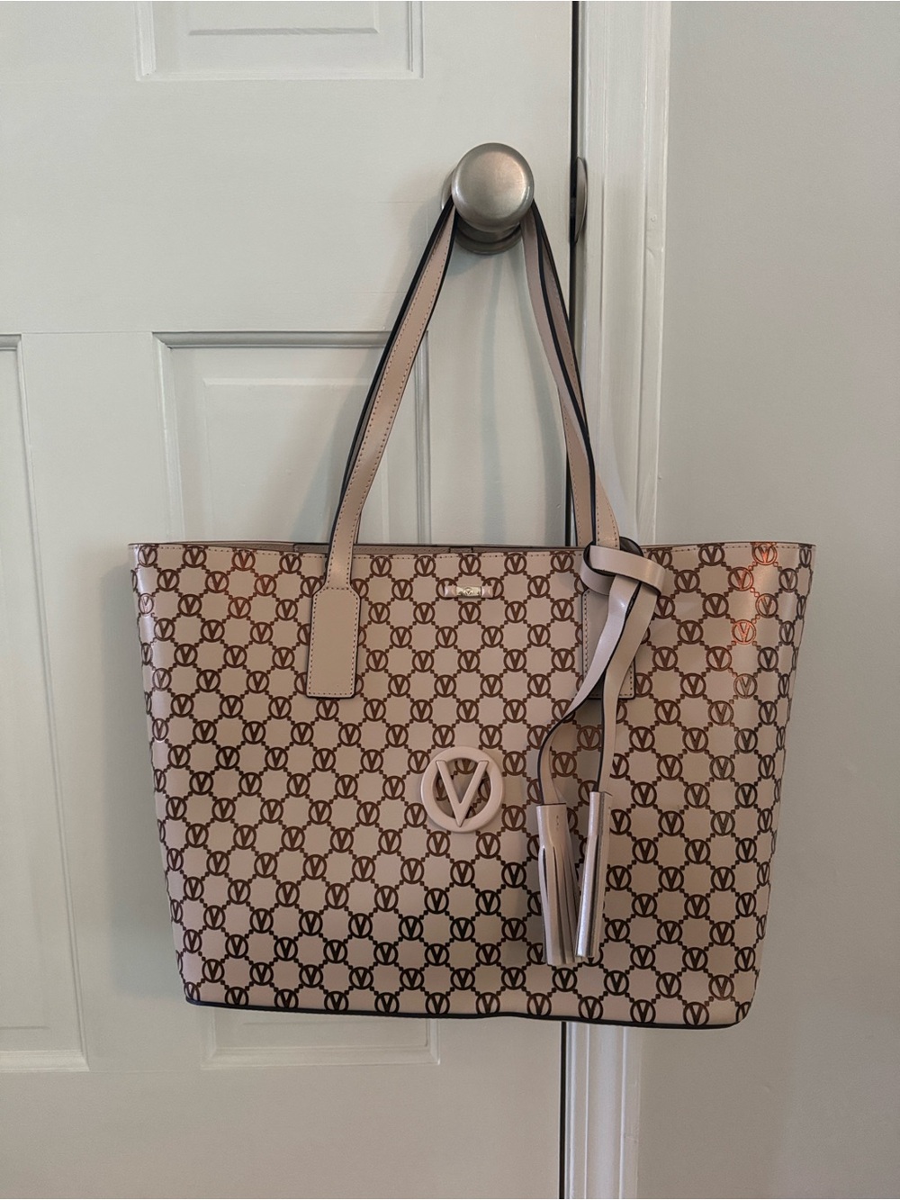 Valentino By Mario Valentino Beige Logo-Print Tote with Charm